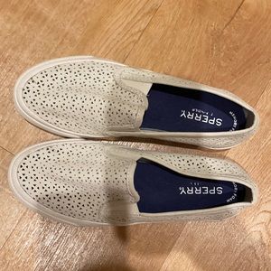 Sperry cutout slip on white sneakers